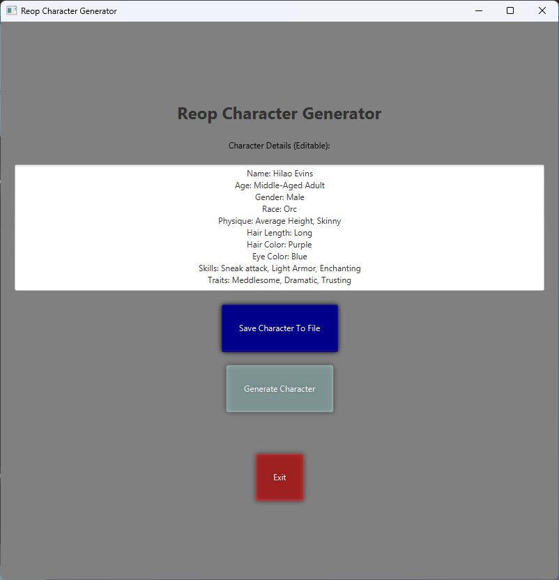 Reop Character Generator Screenshot